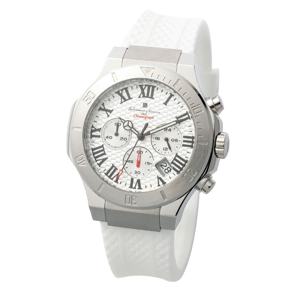 Authentic Salvatore Marra model 5 ATM water date rubber watch, SM23106-SSWHWH, resistant, chronograph, display, strap.