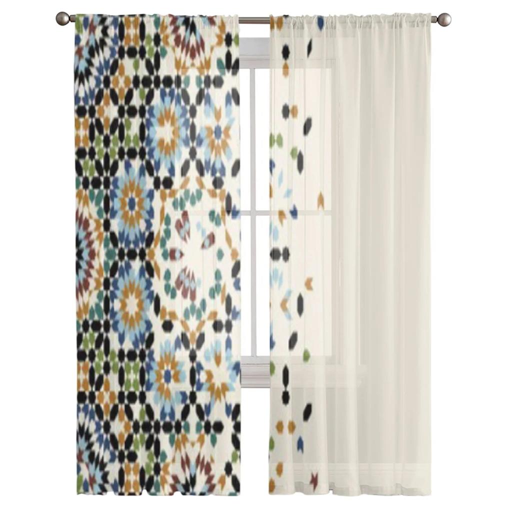 Morocco Ornament Tulle Curtains for Living Room Bedroom Window Sheer Curtains Kitchen Balcony Voile Curtains