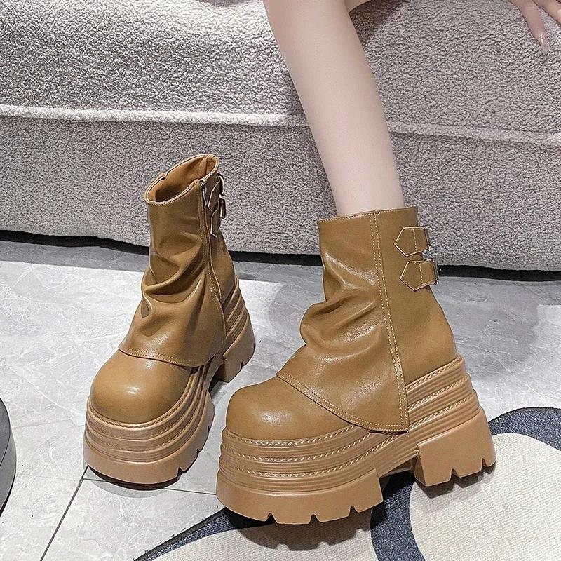 Женские толстые мотоциклетные ботинки 10 см, осенние кожаные кроссовки со скрытым каблуком, зимние водонепроницаемые ботинки для снега, высокие ботильоны на платформе