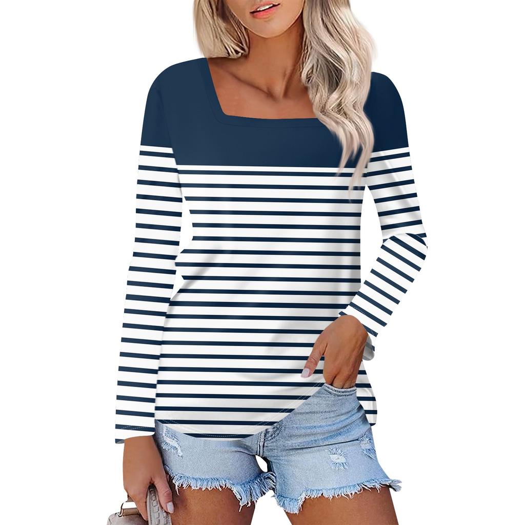 Рубашка для женщин, модная повседневная свободная футболка с квадратным вырезом и длинным рукавом с принтом, женский топ