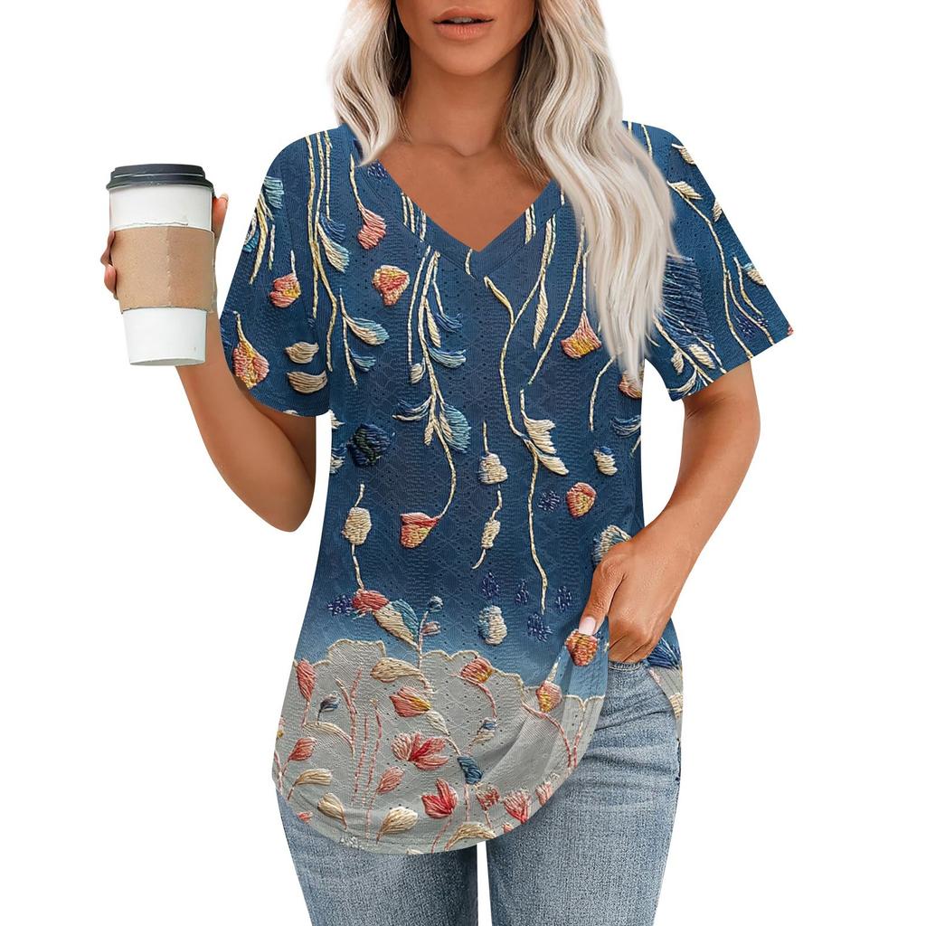 Womens T Shirts V Neck Short Sleeve Casual Tops Loose Fit Basic Tees With Curved Hem