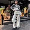 Женский модный полосатый свитер с высоким воротом, комплект из двух частей, осень-зима, свободный трикотажный свитер с эластичной резинкой на талии и широкими брюками