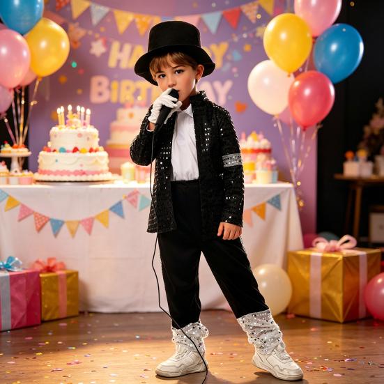 Yousheng Musician Halloween Costume Set for Kids, Black Sequin Jacket, Trousers, Hat, Gloves, 80s 90s Retro Stage Outfits for Disco Party, Fancy Dress