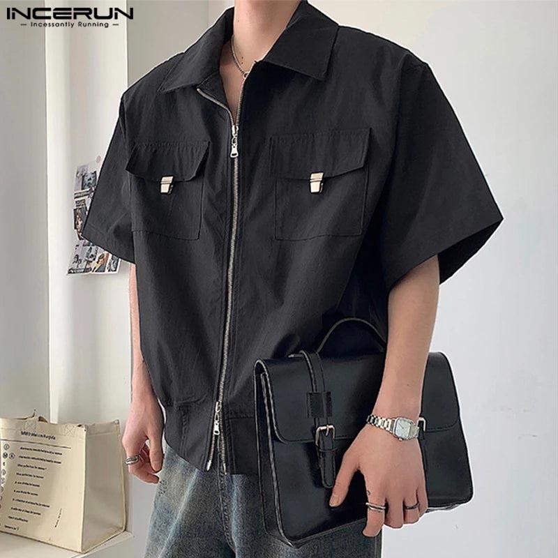 INCERUN Мужские повседневные рубашки-карго с воротником-лацканами и коротким рукавом на молнии