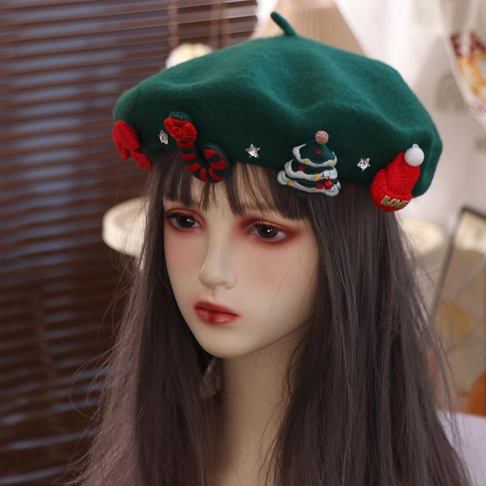 New Year Christmas Beret Cap Red Green Xmas Painter Hat Fashion Christmas Beret Hat Women