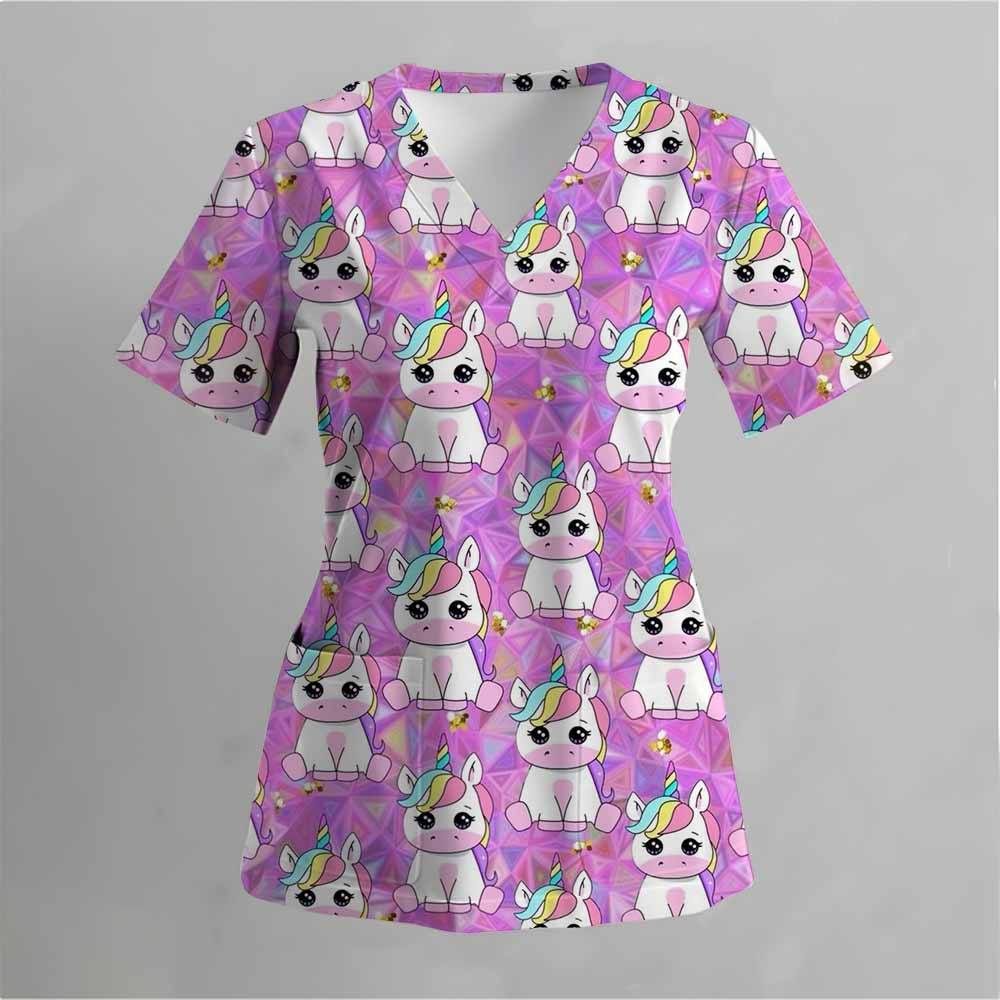 Матовая медицинская униформа с розовым рисунком в виде кошки, женская униформа с V-образным вырезом и коротким рукавом, с карманом, женская матовая