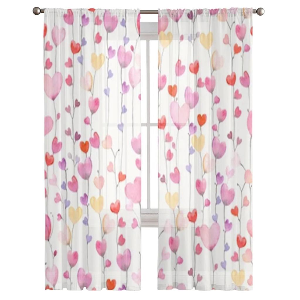 Милый узор с гирляндой из сердечек, прозрачные шторы, вуаль для спальни, занавеска для гостиной, окна, прозрачные шторы для кухни, тюлевые шторы