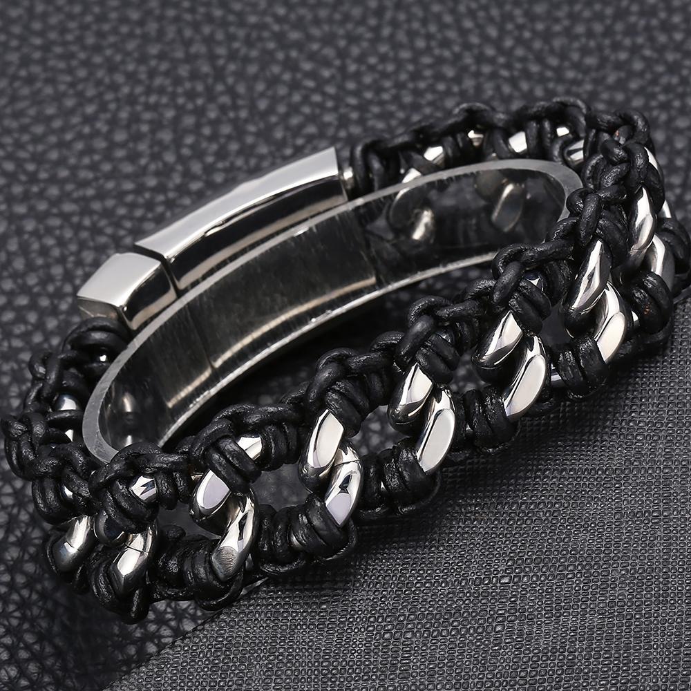 Цепочка из полированной нержавеющей стали с панцирными звеньями, мужской плетеный кожаный браслет, комбинация для подарков на день рождения, памятные подарки с гравировкой