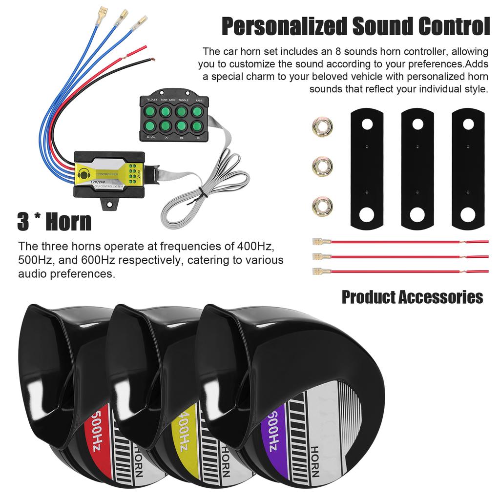 3 Piece Loud Car Horn Set High Mid Low Pitch Electric Snail Horn Waterproof with 8 Sounds Horn Controller for 12 24V