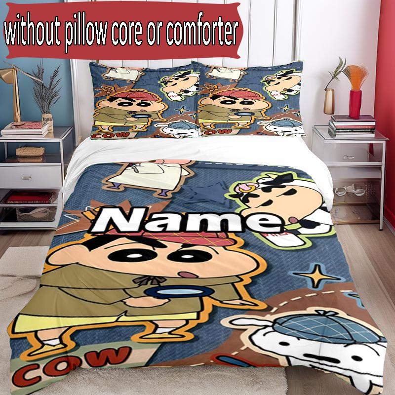 3pcs Duvet Cover Set (1*Duvet Cover + 2*Pillowcase, Without Core), Custom Name Crayon Shin Pattern Bedding Set, Home Bedroom Decor Gift