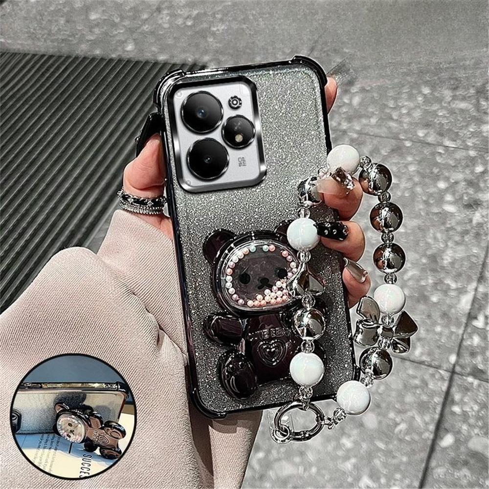 Роскошный чехол-подставка с бантиком и ремешком в виде медвежонка для Xiaomi 15T 14T Pro 13T 12T 11 Lite 12 17 Pro Max Мягкий блестящий противоударный