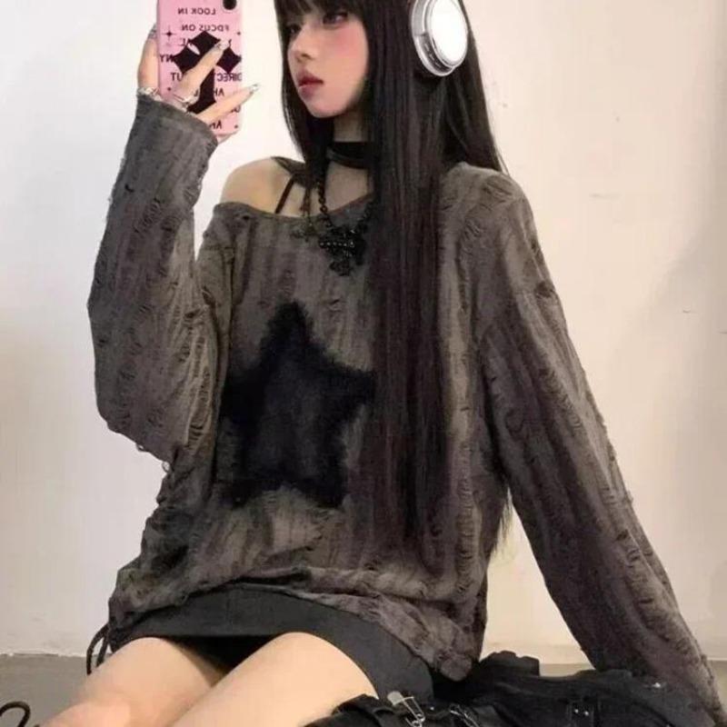 2KWEIRD Гранж Футболка с дырками Женская Мода Принт Звезда Y2k Эстетика Свободные Футболки Kpop Fairycore Рваная Футболка Харадзюку Готика Уличная Одежда