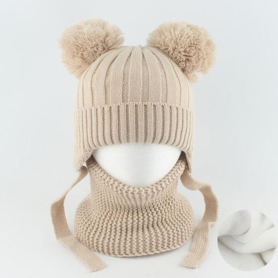 2 шт./набор Детская зимняя шапка и шарф Набор Декор плюшевым помпоном Однотонный Плюшевая подкладка Вязаная шапка Теплый комплект шарфа