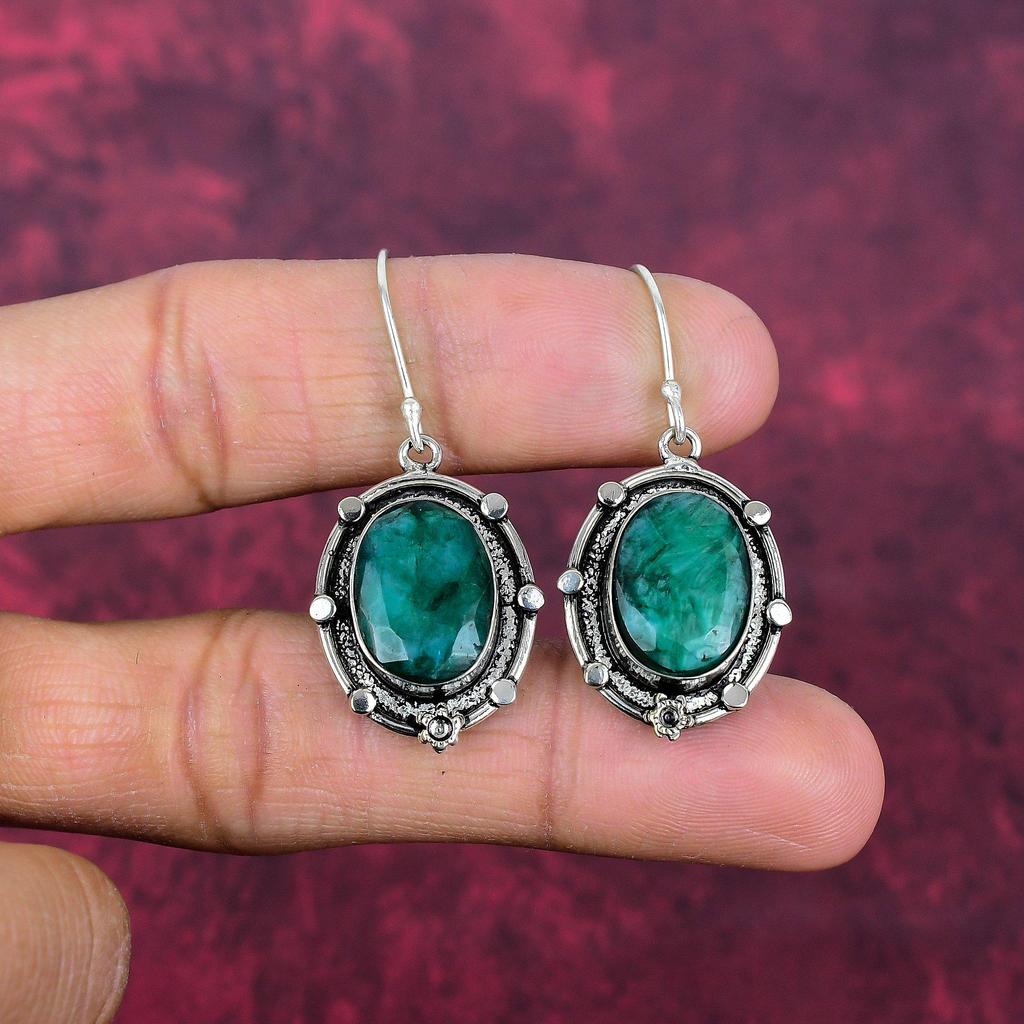 Emerald 925 Solid Sterling Silver Earrings, Handmade Gemstone Earrings Jewelry, Gifts For Wife Brand New Earrings