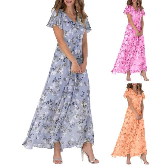 Платье макси с v-образным вырезом и рюшами, короткими рукавами, обтягивающей талией, высокой талией, струящимся подолом, милое шифоновое платье с цветочным принтом, женская одежда