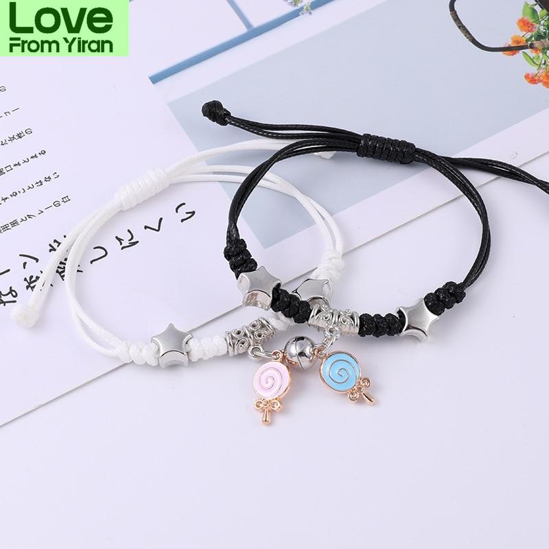 2pcs /Set Couple Charm Bracelet For Women Magnetic Attraction Ball Heart Key Lock Link Wrist Chain Best Friend Jewelry Gift Egirl