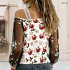 Women Plus Size Asymmetric Cold Shoulder Long Sleeve T Shirt Christmas Printed Sheer Embroidered Sleeve Top
