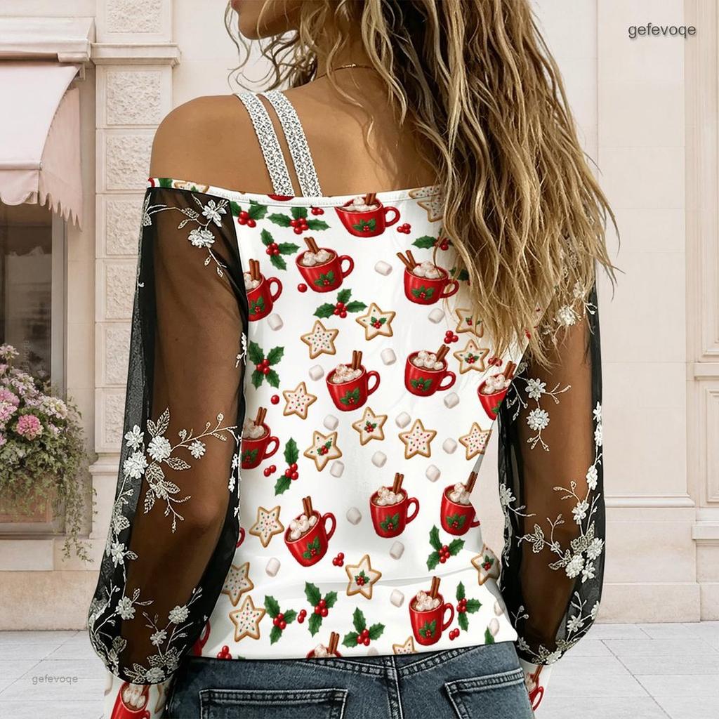 Women Plus Size Asymmetric Cold Shoulder Long Sleeve T Shirt Christmas Printed Sheer Embroidered Sleeve Top