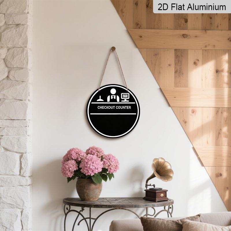 2D Flat Aluminum "CHECKOUT COUNTER" Decorative Signs and Plaques, Available in Various Sizes. Black and White Color Scheme, Checkout Counter Pattern