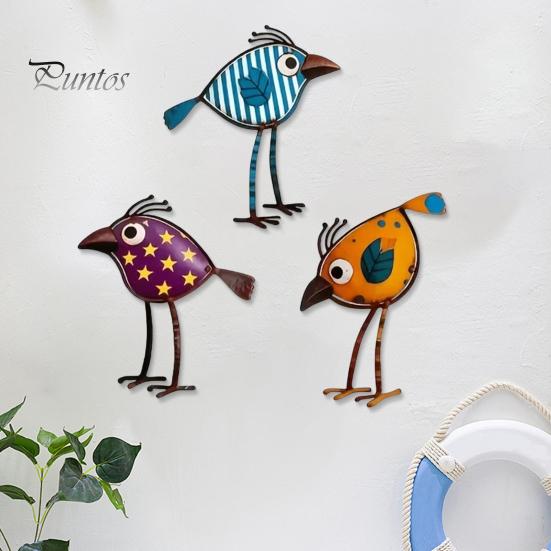 Fence Bird Decor Wooden 3pcs Birds Wall Art Decor Colorful Hangings Funny Plaque Sculpture With Polka Dot Star Pattern Leaf Design For Farmhouse