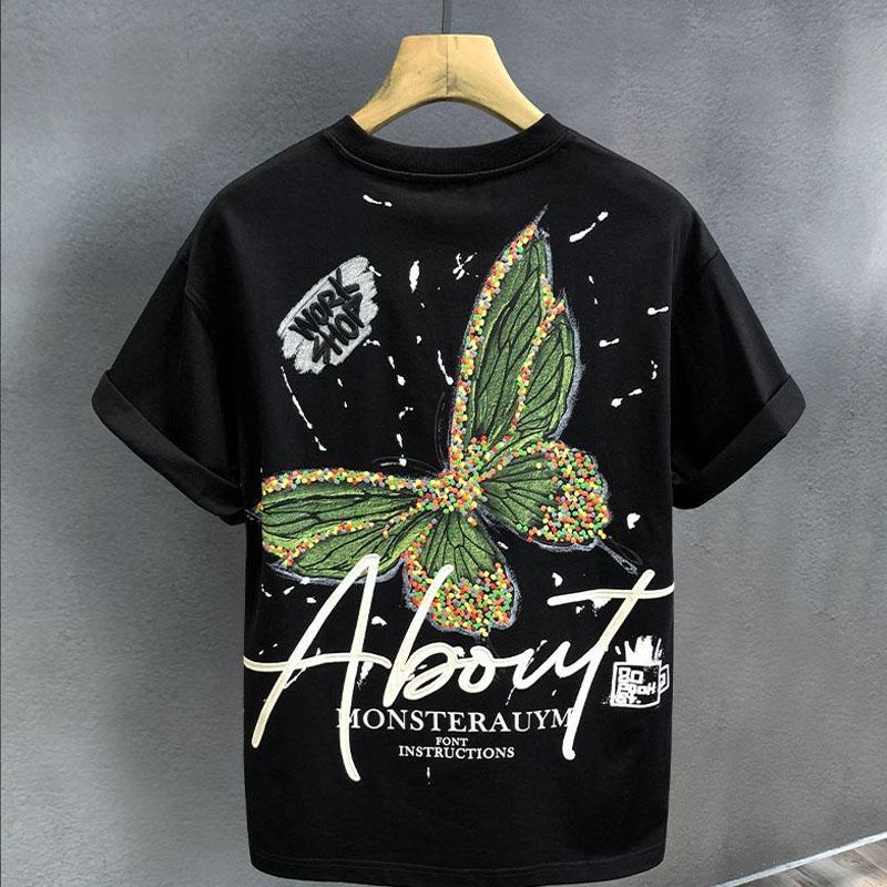 Футболка мужская с коротким рукавом из чистого хлопка повышенной плотности с принтом 'Butterfly Advanced Sense' Новые топы Свободная футболка с рукавом до локтя на каждый день