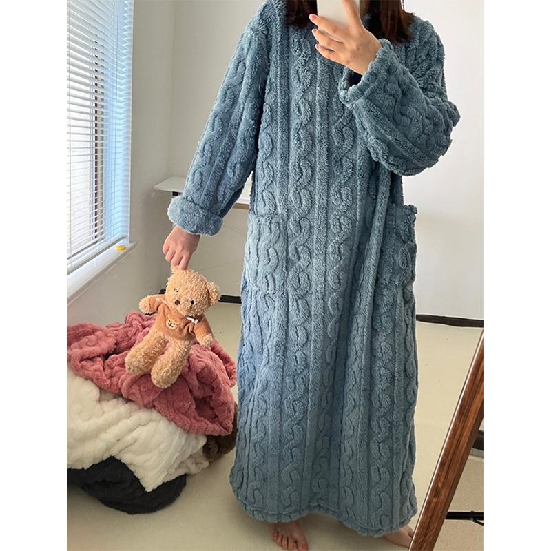 Warm And Thick Home Pajamas In Winter Coral Velvet Jacquard Nightgown Solid Color Home Dress Nightdress Casual And Simple