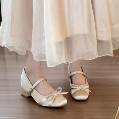 Внутри Высокие Туфли Мэри Джейн Осень Новые Квадратный Носок Неглубокий Вырез Бант Ремешок Слип Нескользящий Каблук-Рюмочка