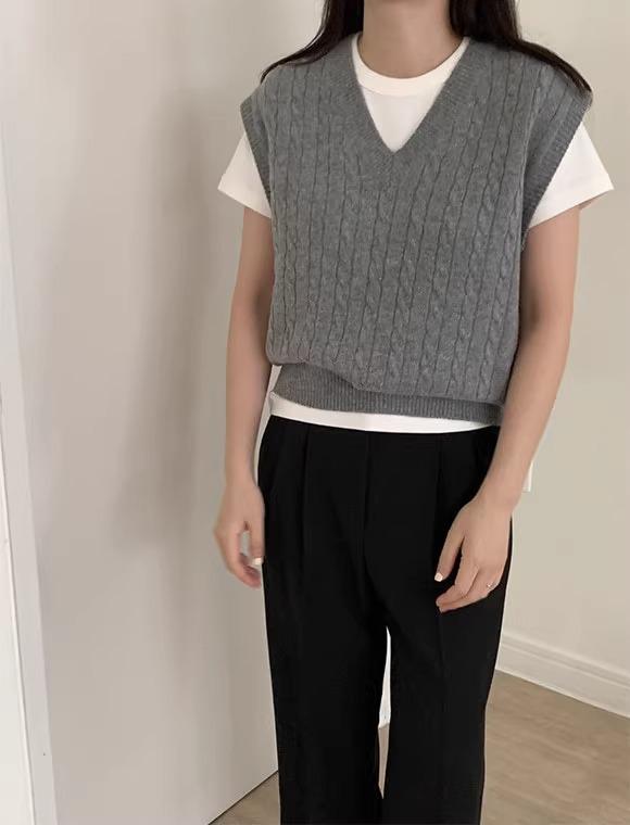 Белый sleeveless пуловер-жилет с V-образным вырезом и фактурной вязкой для женщин - Свитер для ранней осени, ленивый стиль