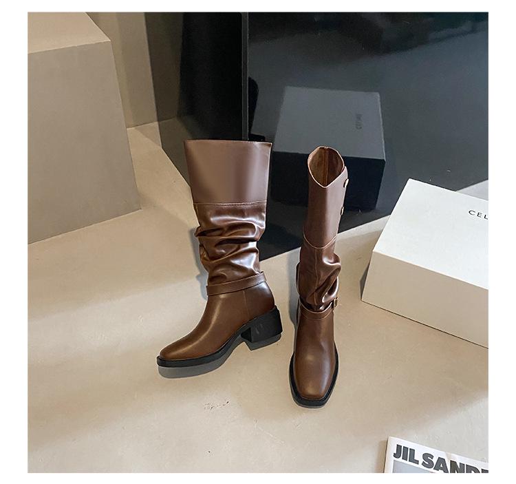 Women's Cowhide Retro Thick-Soled Over-the-Knee Western Boots with Two-Way Belt Buckle and Stacked Heels