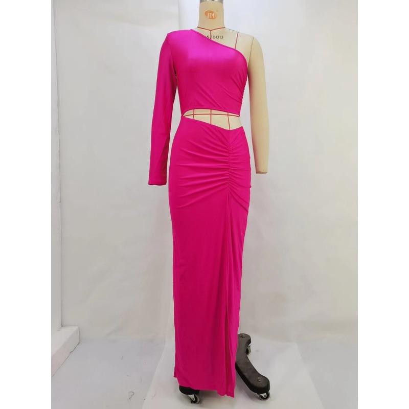 Женские сексуальные платья с косым плечом, один рукав, плиссированные, без талии, с разрезом, средней длины