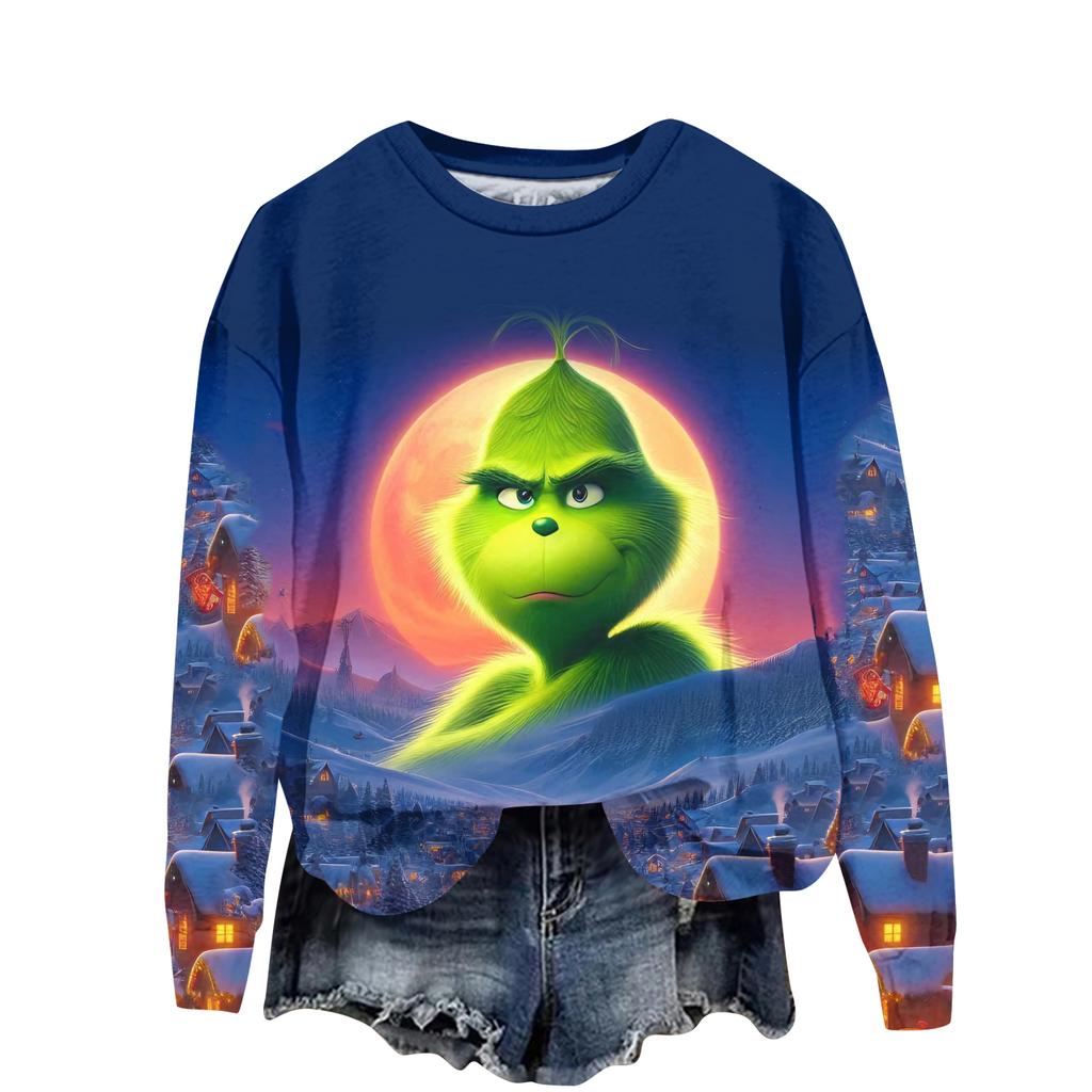 Ladies' Christmas Greentown Print Casual Long Sleeved Round Neck Sports Hoodie Top