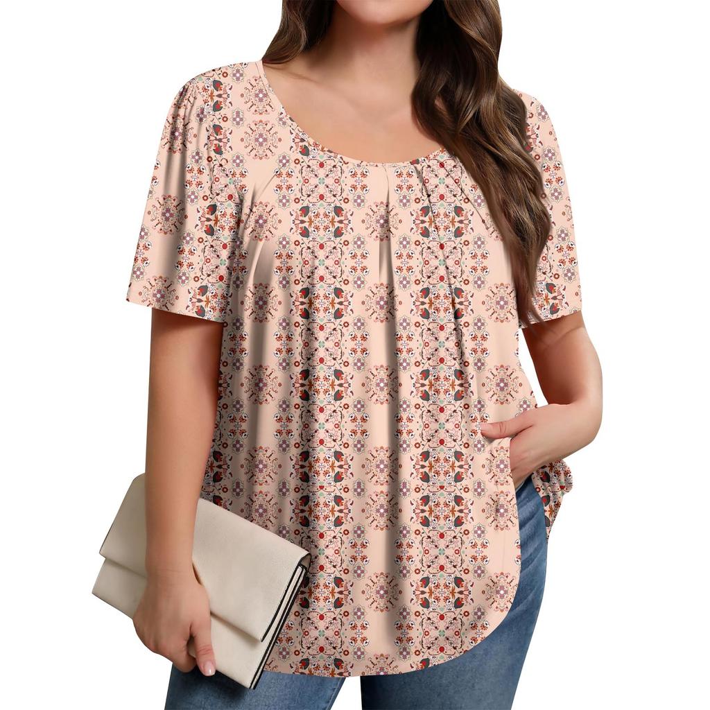 Plus Size Women's Casual Round Neck Pleated Short Sleeve Solid Color Top