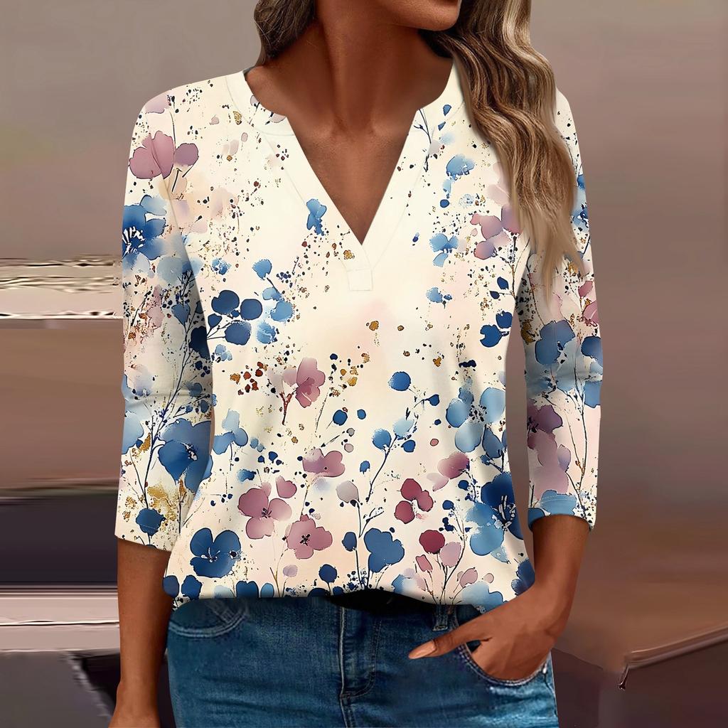 Женская футболка Футболка с принтом Рукав 3/4 Повседневные Выходные Мода Базовый V-образный вырез Обычный топ