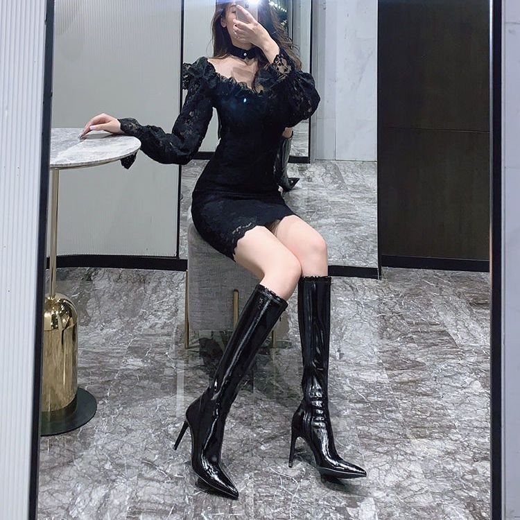 Модные черные зимние сапоги до колена с острым носком, женские сапоги из кожи, элегантные туфли на каблуке для женщин, длинные, весна 2024, ПУ