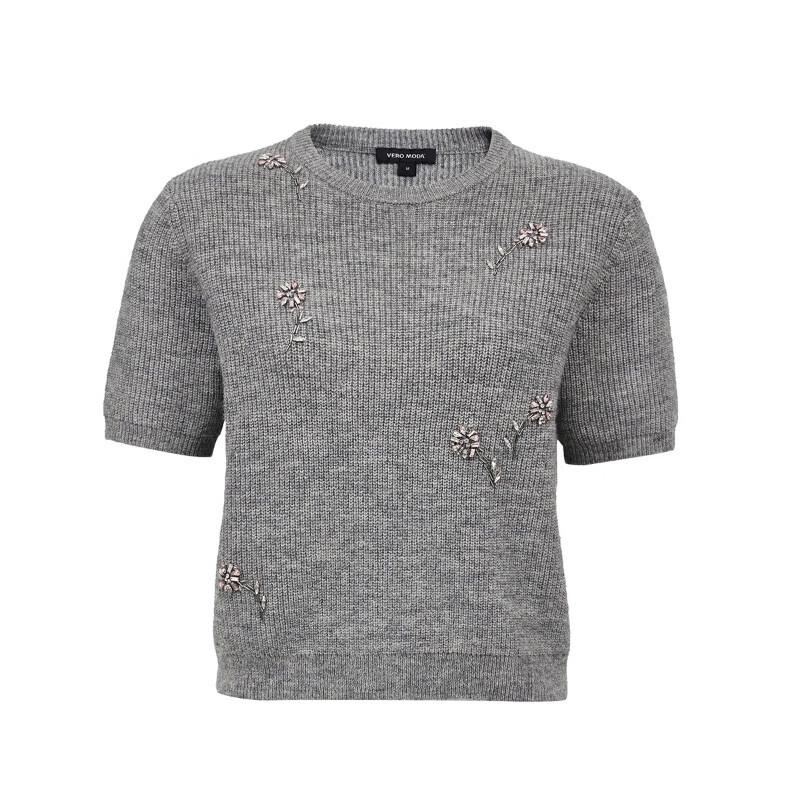 VEROMODA Women's Round Neck Knit Sweater with Rhinestone Embellishments