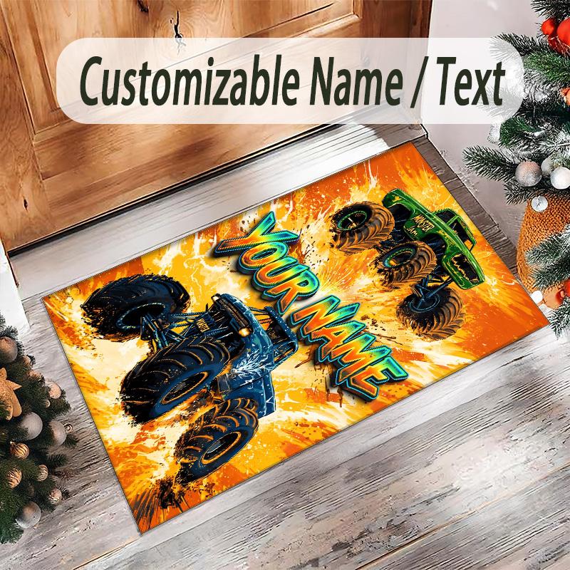 Monster Truck Theme Crystal Velvet Rug Personalized Custom Name Text Soft Floor Mat Home Decor