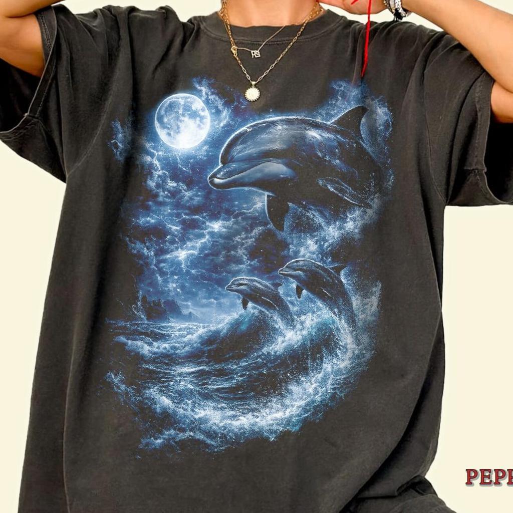 Moonlit Dolphin Shirt, Dolphin Lover Graphic Tee, Ocean Wildlife Shirt, Dolphin Aesthetic Tee, Sea Life Shirt, Marine Animal Gift T-shirt