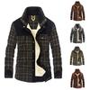Lapel Long Sleeve Plaid Patchwork Print Pockets Single Breasted Men Coat Winter Thickened Fleece Lining Cotton Outerwear