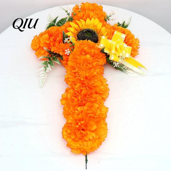 Fake Flower With Pole Support 2Pcs Dia De Los Muertos Artificial Flower, Marigold Cross Wall Decor for Day Of The Dead Floral Wreath of Halloween