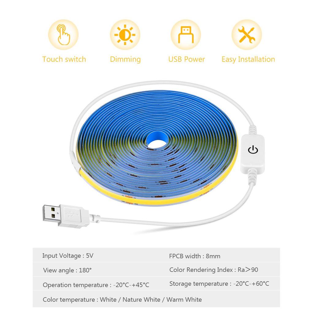 Светодиодная лента с сенсорным переключателем для домашнего декора COB 5 В, светодиодная лента для освещения кухонного шкафа, USB светодиодный ночник