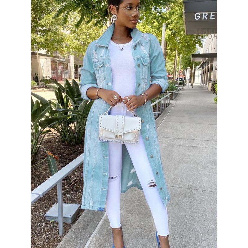 Women's Autumn and Winter Solid Color Long Ripped Button Denim Trench Coat