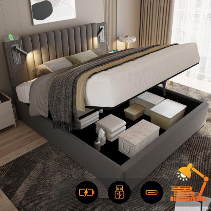 Lit rembourré 180x200 - MUVOE - Lampe de lecture USB - Coton gris - Design vintage - Tête de lit réglable