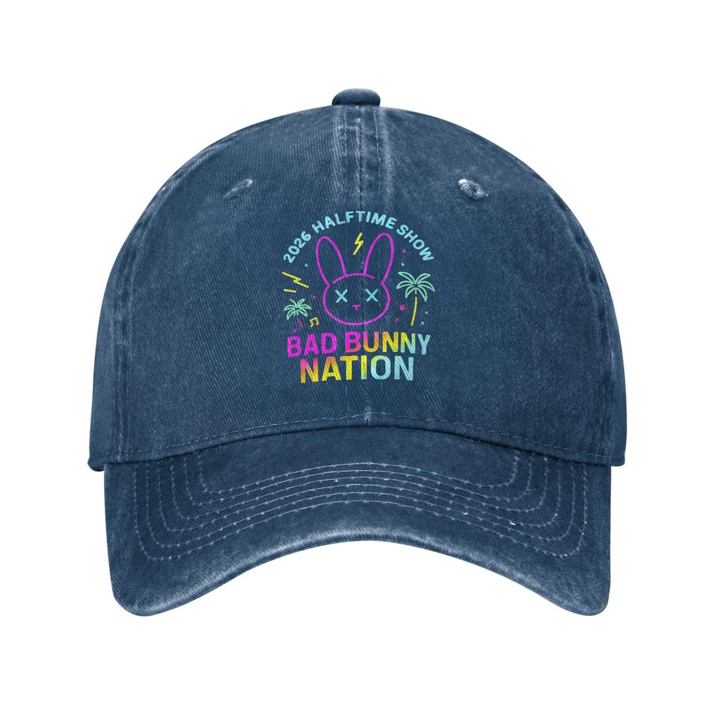 Мужская Женская Кепка с Принтом Bads Bunnys Halftime Show Классическая Потертая Джинсовая Бейсболка Регулируемая