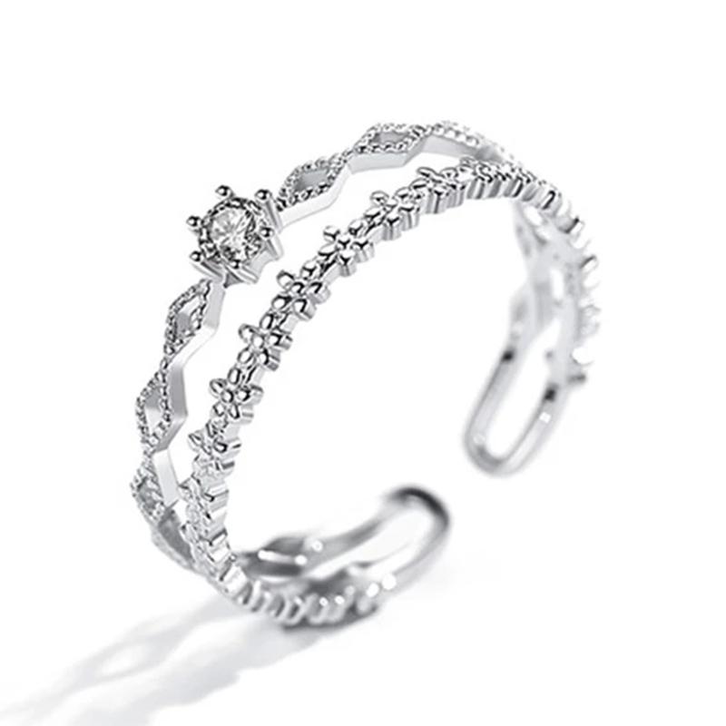925 Silver Flower Lace Ring Korean Fashion Opening Inlaid CZ Adjustable Rings Valentine's Day Gift
