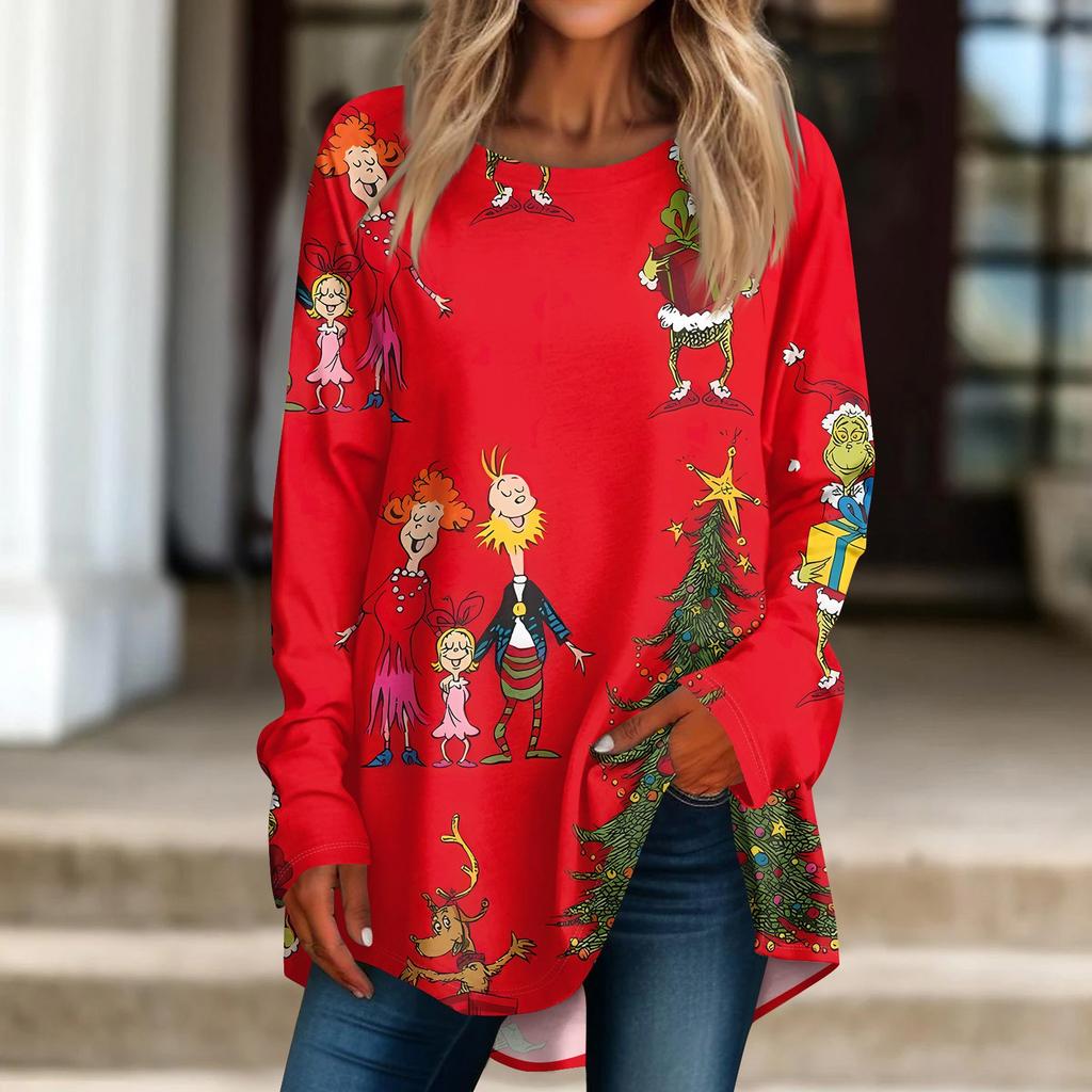 Женская рождественская принтовая рубашка с длинным рукавом, круглый вырез, пуловер, футболка, топ, пуловер