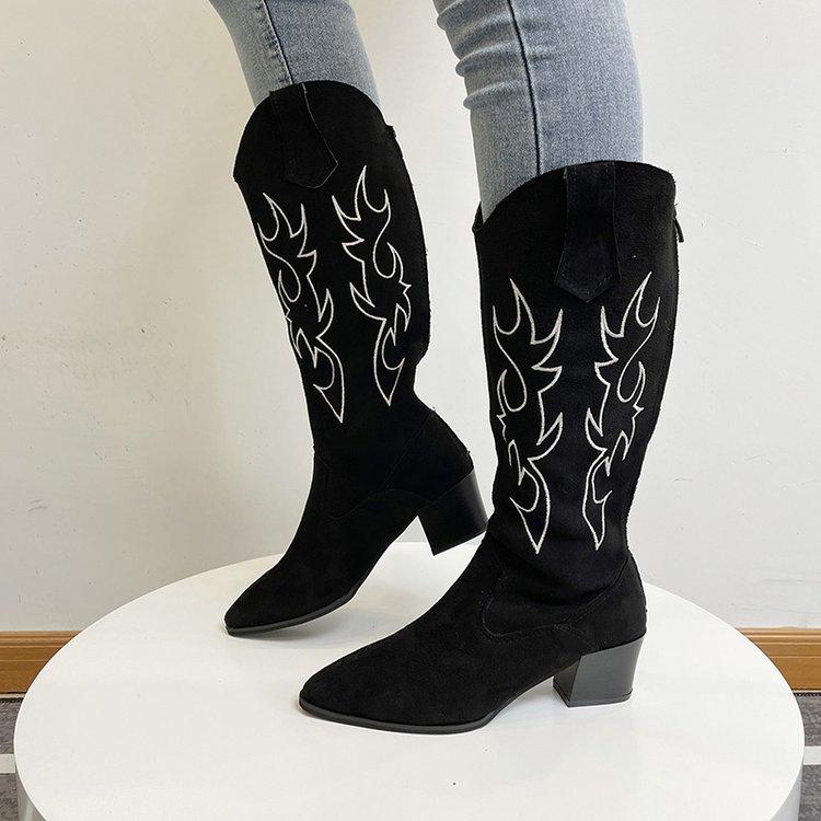 Женские ковбойские сапоги в стиле вестерн, остроносые женские туфли с принтом, сапоги до середины голени, зимние сапоги на толстом каблуке, танкетки, рыцарские сапоги Feminina