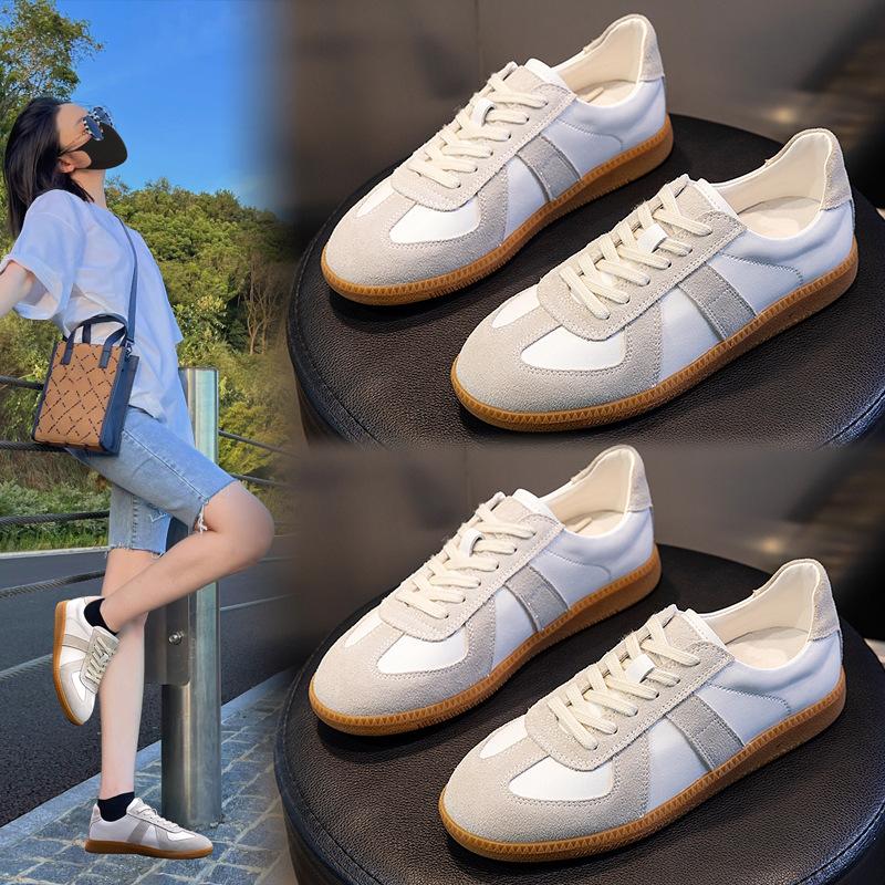 2025 New Leather Women's Shoes Sports Versatile Single Shoes Women's Spring White Shoes Women's Casual Flat-bottomed German Training Shoes Tide