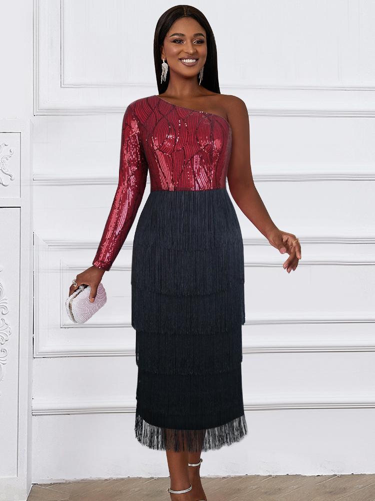 AOMEI Вечерние платья с блестками для женщин, облегающее платье на одно плечо с бахромой, вечерние коктейльные платья, блестящие платья миди, наряды с кисточками, большой размер