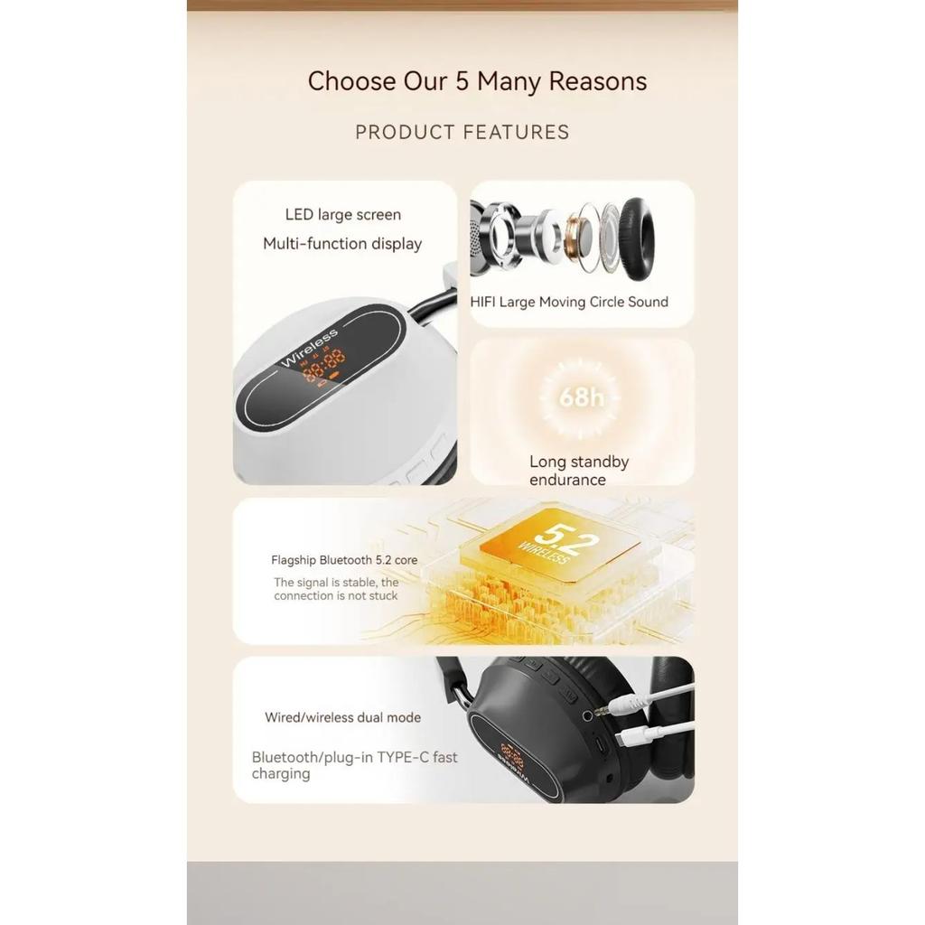 Цифровой дисплей Беспроводные Bluetooth-наушники Гарнитуры с шумоподавлением Hi-Fi Стереонаушники Спортивные геймерские наушники Поддержка TF/FM