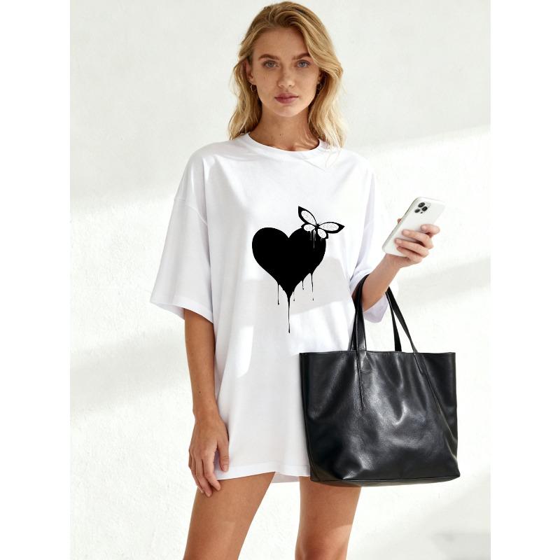 Black Oversized T Shirt With Heart And Butterfly Print For Casual Wear
